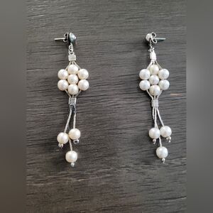 Vintage Silver Tone Flower Pearl Drop Dangle Earrings